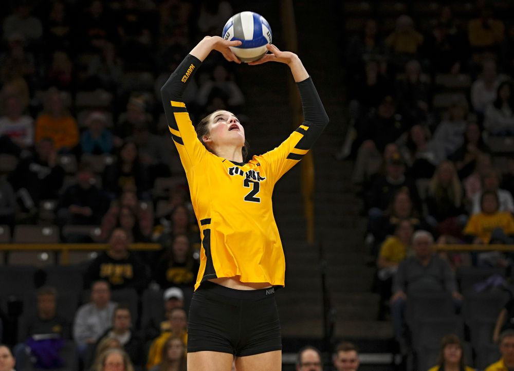 Iowa’s Courtney Buzzerio (2) sets the ball during the first set of their match at Carver-Hawkeye Arena in Iowa City on Friday, Nov 29, 2019. (Stephen Mally/hawkeyesports.com)