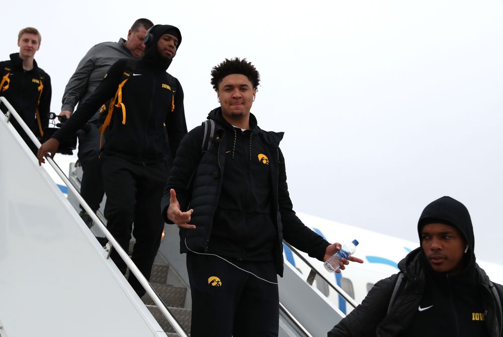 Iowa Hawkeyes forward Cordell Pemsl (35) arrives in Columbus for the first and second rounds of the 2019 NCAA Men's Basketball Tournament Wednesday, March 20, 2019. (Brian Ray/hawkeyesports.com)