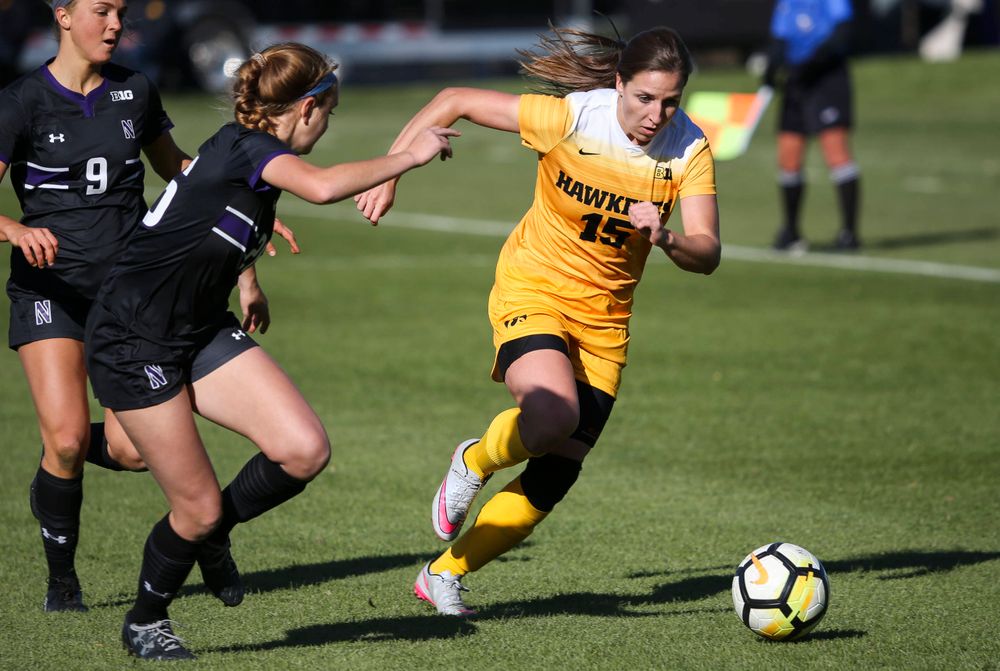 Iowa Hawkeyes forward Rose Ripslinger (15) dribbles the ball during a game against Northwestern at the Iowa Soccer Complex on October 21, 2018. (Tork Mason/hawkeyesports.com)