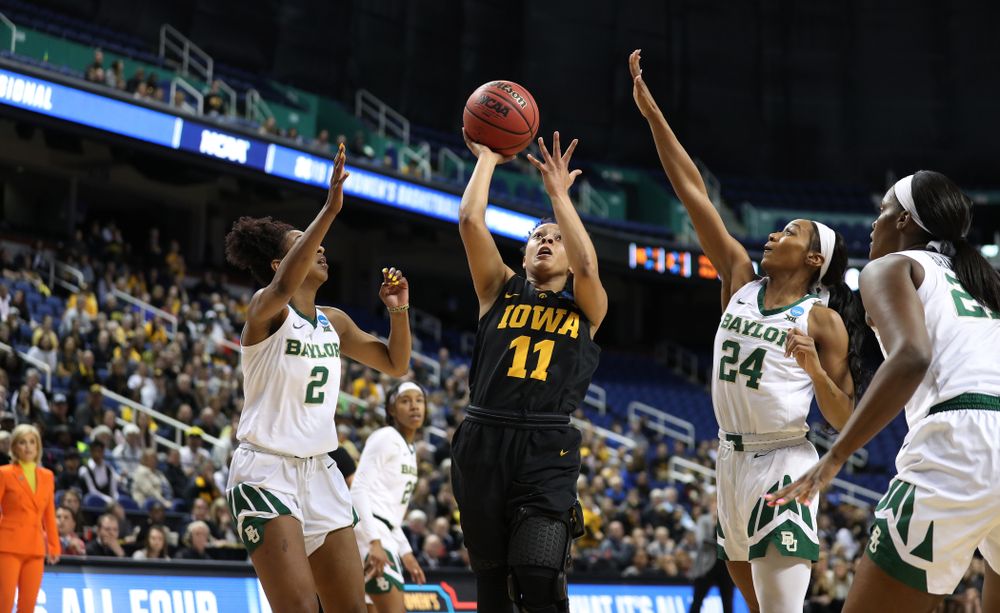 Iowa Hawkeyes guard Tania Davis (11) against the Baylor Lady Bears in the regional final of the 2019 NCAA Women's College Basketball Tournament Monday, April 1, 2019 at Greensboro Coliseum in Greensboro, NC.(Brian Ray/hawkeyesports.com)