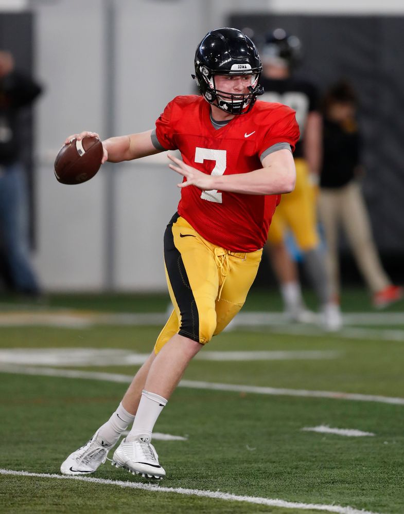Iowa Hawkeyes quarterback Spencer Petras (7) during spring practice Wednesday, March 28, 2018 at the Hansen Football Performance Center.  (Brian Ray/hawkeyesports.com)