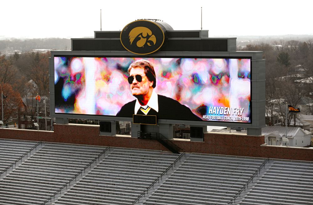 A picture of Hayden Fry is shown on the video boards at Kinnick Stadium in Iowa City on Wednesday, December 18, 2019. Hayden Fry passed away on Dec. 17, at the age of 90. (Stephen Mally/hawkeyesports.com)