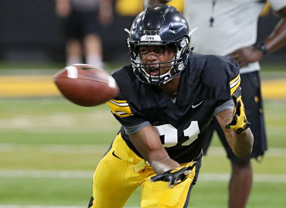 Iowa Hawkeyes wide receiver Desmond Hutson (81) pulls in a pass during Fall Camp Practice No. 6 at the Hansen Football Performance Center in Iowa City on Thursday, Aug 8, 2019. (Stephen Mally/hawkeyesports.com)