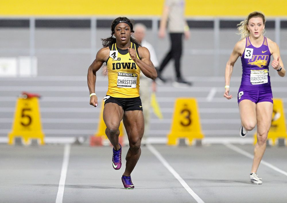Iowa’s Antonise Christian runs in the women’s 60 meter dash prelim event during the Hawkeye Invitational at the Recreation Building in Iowa City on Saturday, January 11, 2020. (Stephen Mally/hawkeyesports.com)