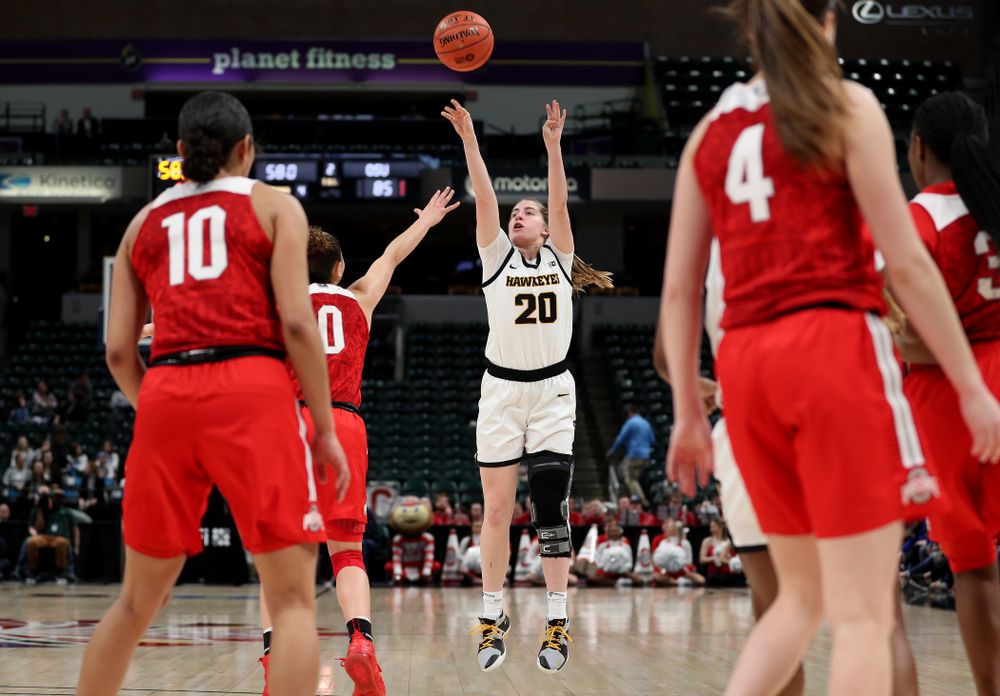 Iowa Hawkeyes guard Kate Martin (20) against Ohio State in the quarterfinals of the Big Ten Basketball Tournament Friday, March 6, 2020 at Bankers Life Fieldhouse in Indianapolis. (Brian Ray/hawkeyesports.com)