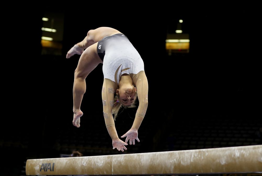 IowaÕs Alex Greenwald competes on the beam against Ball State and Air Force Saturday, January 11, 2020 at Carver-Hawkeye Arena. (Brian Ray/hawkeyesports.com)