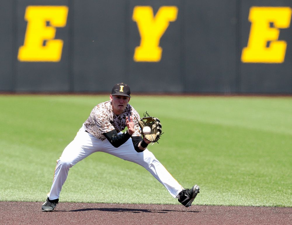 Iowa Hawkeyes second baseman Brendan Sher (2) fields a ball during the fourth inning of their game against UC Irvine at Duane Banks Field in Iowa City on Sunday, May. 5, 2019. (Stephen Mally/hawkeyesports.com)