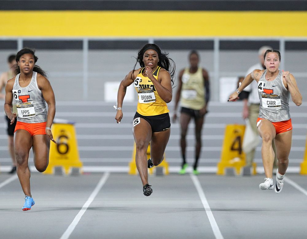 Iowa’s Traci Brown runs the women’s 60 meter dash premier preliminary event during the Larry Wieczorek Invitational at the Recreation Building in Iowa City on Saturday, January 18, 2020. (Stephen Mally/hawkeyesports.com)