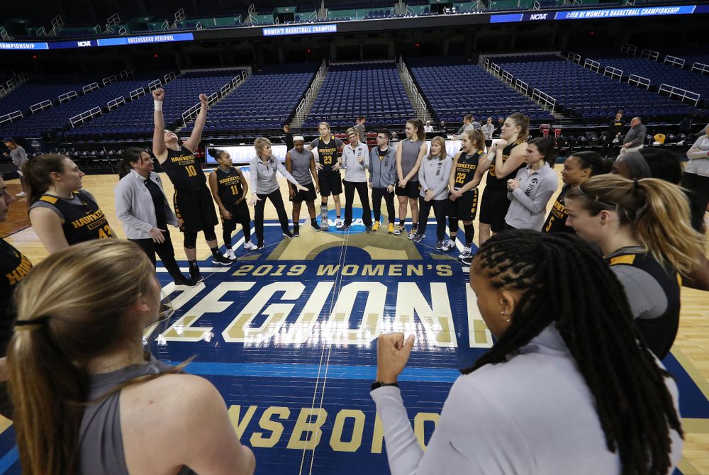 The Iowa Hawkeyes following practice for their Sweet 16 matchup against NC State Friday, March 29, 2019 at the Greensboro Coliseum in Greensboro, NC.(Brian Ray/hawkeyesports.com)