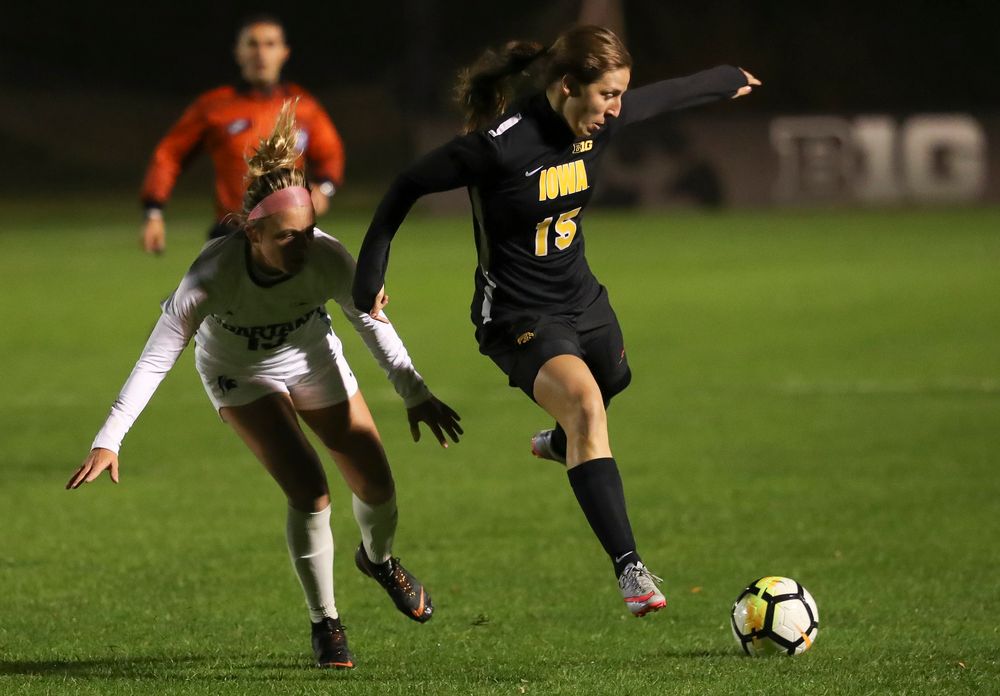 Iowa Hawkeyes forward Rose Ripslinger (15) dribbles the ball during a game against Michigan State at the Iowa Soccer Complex on October 12, 2018. (Tork Mason/hawkeyesports.com)