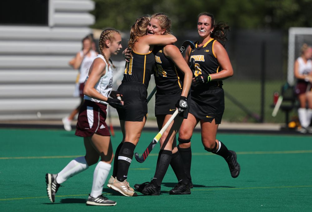 Iowa Hawkeyes Lokke Stribos (14) hugs Katie Birch (11) after scoring against Central Michigan Friday, September 6, 2019 at Grant Field. The Hawkeyes won the game 11-0. (Brian Ray/hawkeyesports.com)