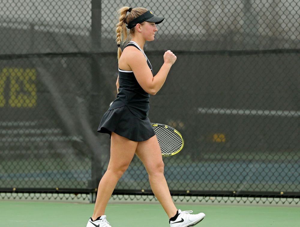 Iowa's Danielle Burich celebrates during a match against Rutgers at the Hawkeye Tennis and Recreation Complex in Iowa City on Friday, Apr. 5, 2019. (Stephen Mally/hawkeyesports.com)
