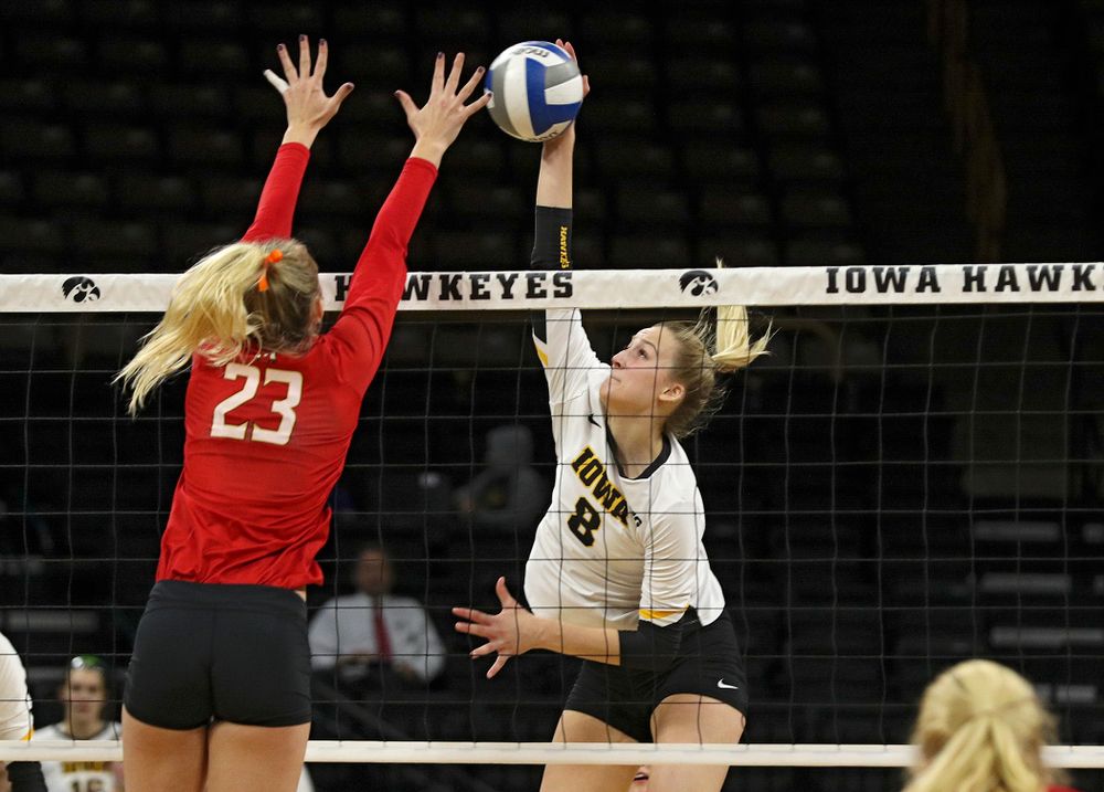 Iowa’s Kyndra Hansen (8) lines up a shot during the third set of their match at Carver-Hawkeye Arena in Iowa City on Saturday, Nov 30, 2019. (Stephen Mally/hawkeyesports.com)