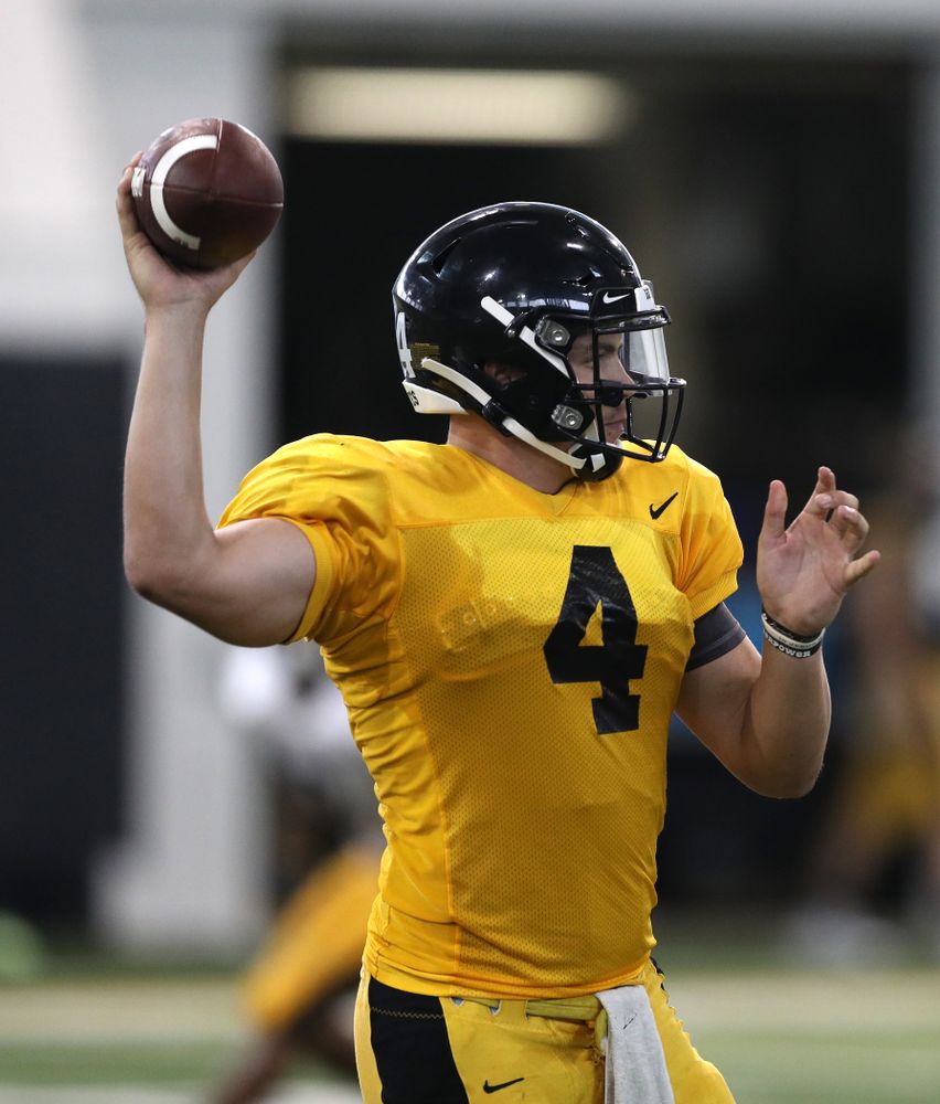 Iowa Hawkeyes quarterback Nate Stanley (4) during Fall Camp Practice No. 6 Thursday, August 8, 2019 at the Ronald D. and Margaret L. Kenyon Football Practice Facility. (Brian Ray/hawkeyesports.com)