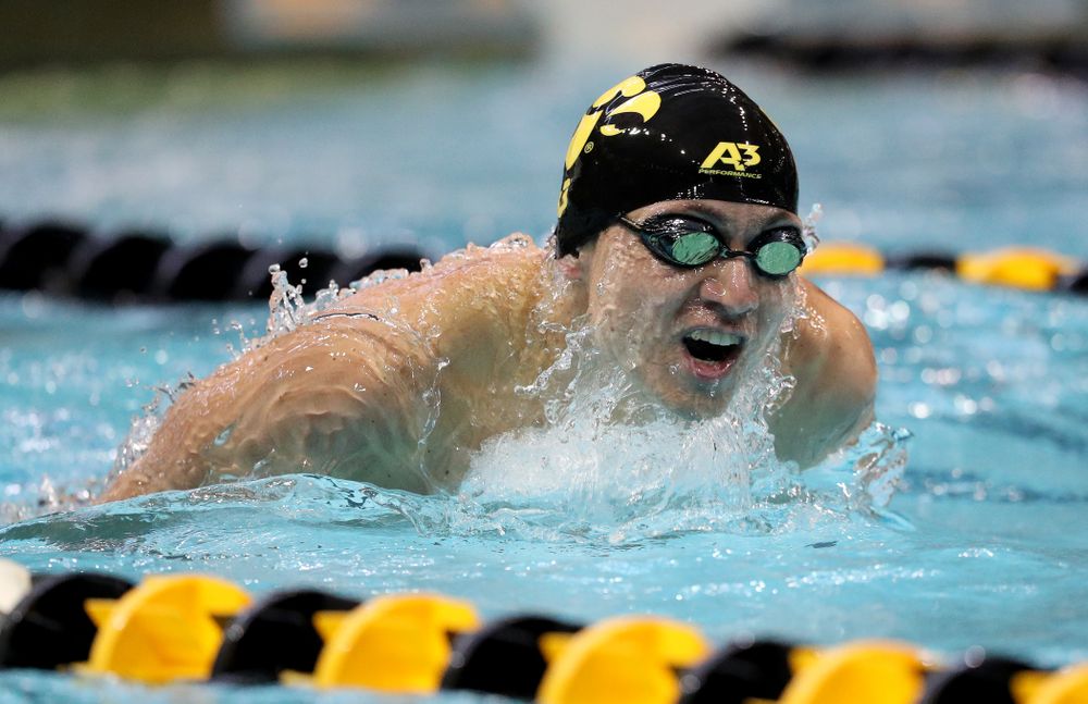 IowaÕs Michael Tenney competes in the 200 yard butterfly against Notre Dame and Illinois Saturday, January 11, 2020 at the Campus Recreation and Wellness Center.  (Brian Ray/hawkeyesports.com)