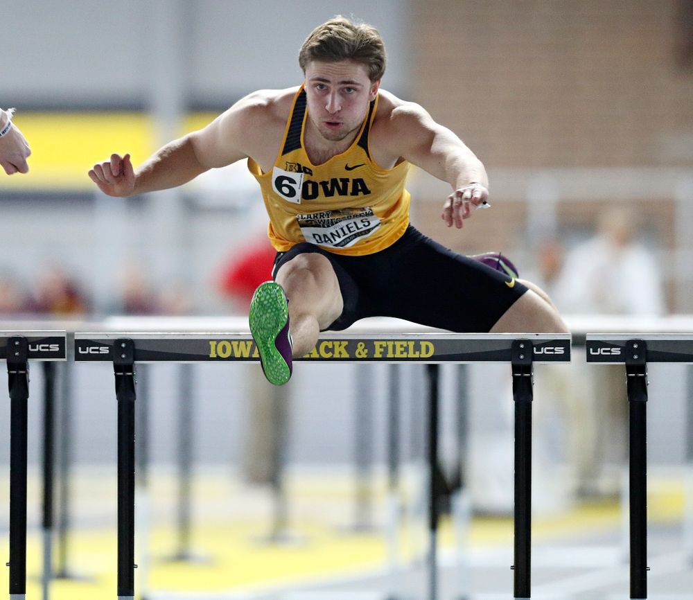 Iowa’s Will Daniels runs the men’s 60 meter hurdles premier preliminary event during the Larry Wieczorek Invitational at the Recreation Building in Iowa City on Saturday, January 18, 2020. (Stephen Mally/hawkeyesports.com)