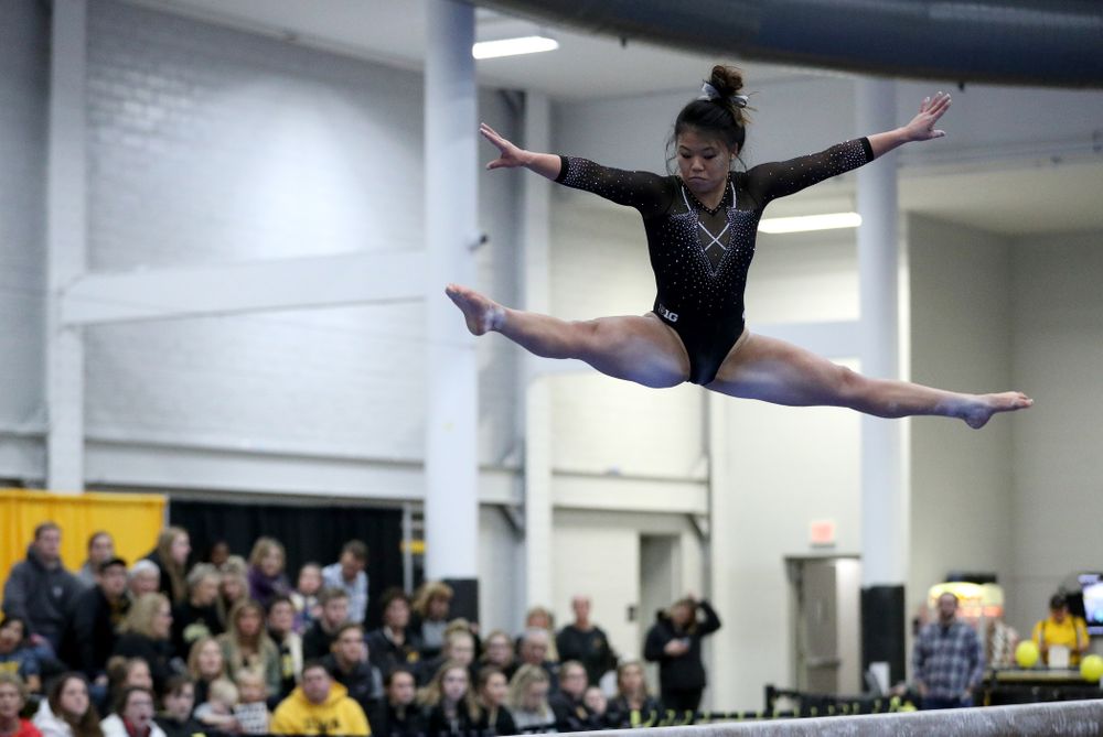 Misty Jade Carlson competes on the beam during the Black and Gold intrasquad meet Saturday, December 1, 2018 at the University of Iowa Field House. (Brian Ray/hawkeyesports.com)