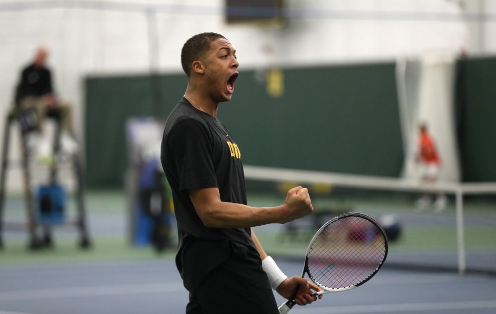 Oliver Okonkwo against the Miami Hurricanes Friday, February 8, 2019 at the Hawkeye Tennis and Recreation Complex. (Brian Ray/hawkeyesports.com)