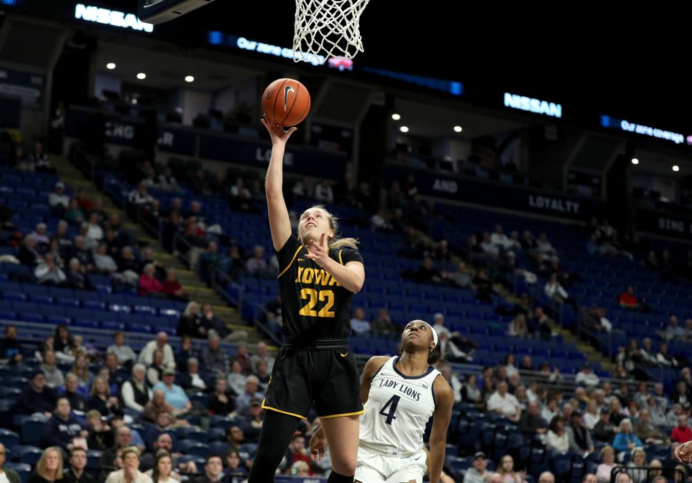 Iowa Hawkeyes guard Kathleen Doyle (22) against the Penn State Nittany Lions Thursday, January 30, 2020 at the Bryce Jordan Center. (Brian Ray/hawkeyesports.com)