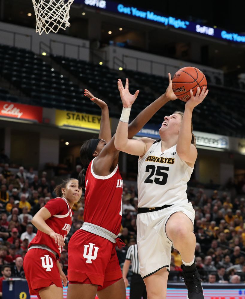 Iowa Hawkeyes center Monika Czinano (25) against the Indiana Hoosiers in the quarterfinals of the Big Ten Tournament Friday, March 8, 2019 at Bankers Life Fieldhouse in Indianapolis, Ind. (Brian Ray/hawkeyesports.com)