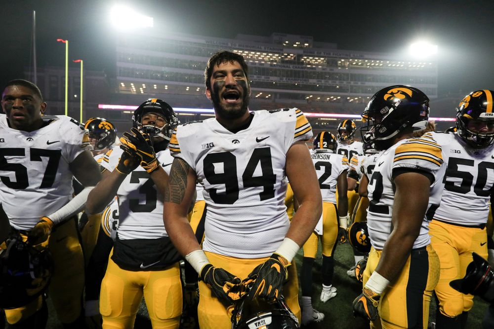 Iowa Hawkeyes defensive end A.J. Epenesa (94) following their game against the Illinois Fighting Illini Saturday, November 17, 2018 at Memorial Stadium in Champaign, Ill. (Brian Ray/hawkeyesports.com)
