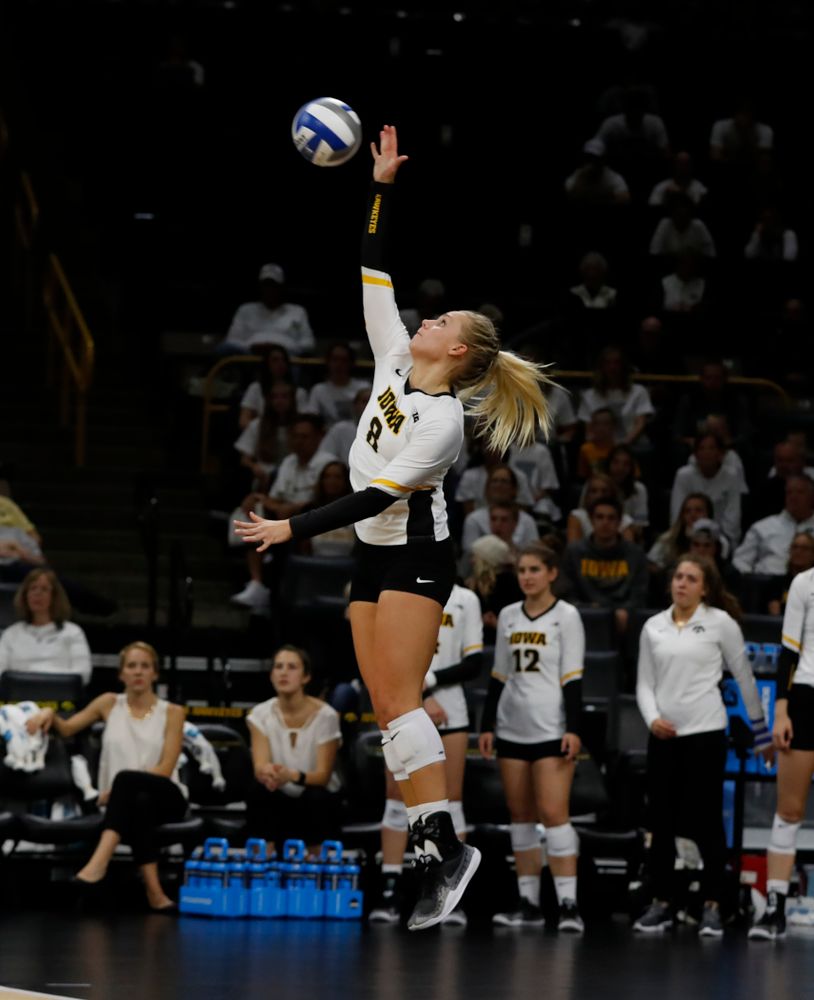 Iowa Hawkeyes right side hitter Reghan Coyle (8) against the Michigan State Spartans Friday, September 21, 2018 at Carver-Hawkeye Arena. (Brian Ray/hawkeyesports.com)