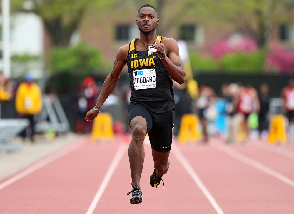 Iowa's Antonio Woodard runs the men’s 100 meter dash event on the second day of the Big Ten Outdoor Track and Field Championships at Francis X. Cretzmeyer Track in Iowa City on Saturday, May. 11, 2019. (Stephen Mally/hawkeyesports.com)