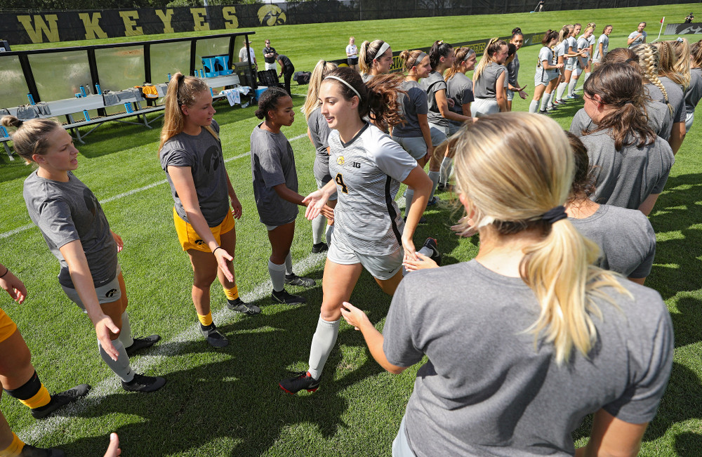 Iowa forward Kaleigh Haus (4) takes the field for their match at the Iowa Soccer Complex in Iowa City on Sunday, Sep 1, 2019. (Stephen Mally/hawkeyesports.com)