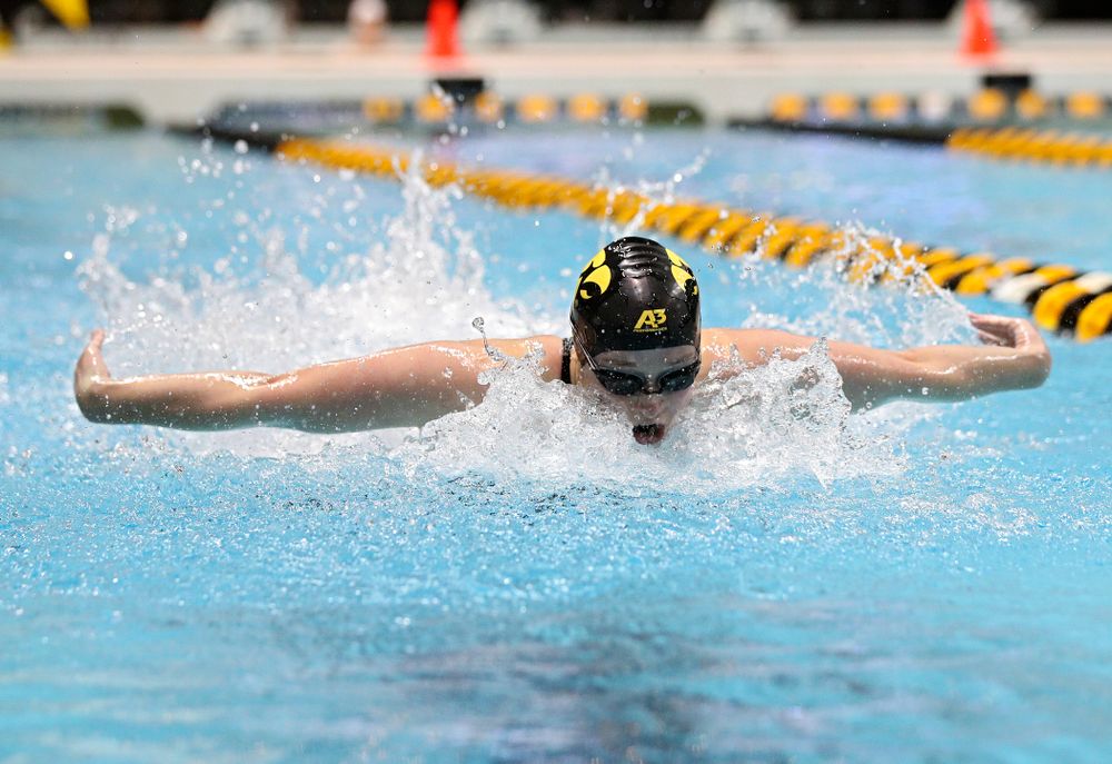 Iowa’s Kelsey Drake swims the butterfly section of the women’s 400 yard medley relay event during the 2020 Women’s Big Ten Swimming and Diving Championships at the Campus Recreation and Wellness Center in Iowa City on Thursday, February 20, 2020. (Stephen Mally/hawkeyesports.com)