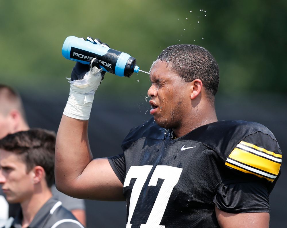 Iowa Hawkeyes offensive lineman Alaric Jackson (77) during fall camp practice No. 9 Friday, August 10, 2018 at the Kenyon Practice Facility. (Brian Ray/hawkeyesports.com)