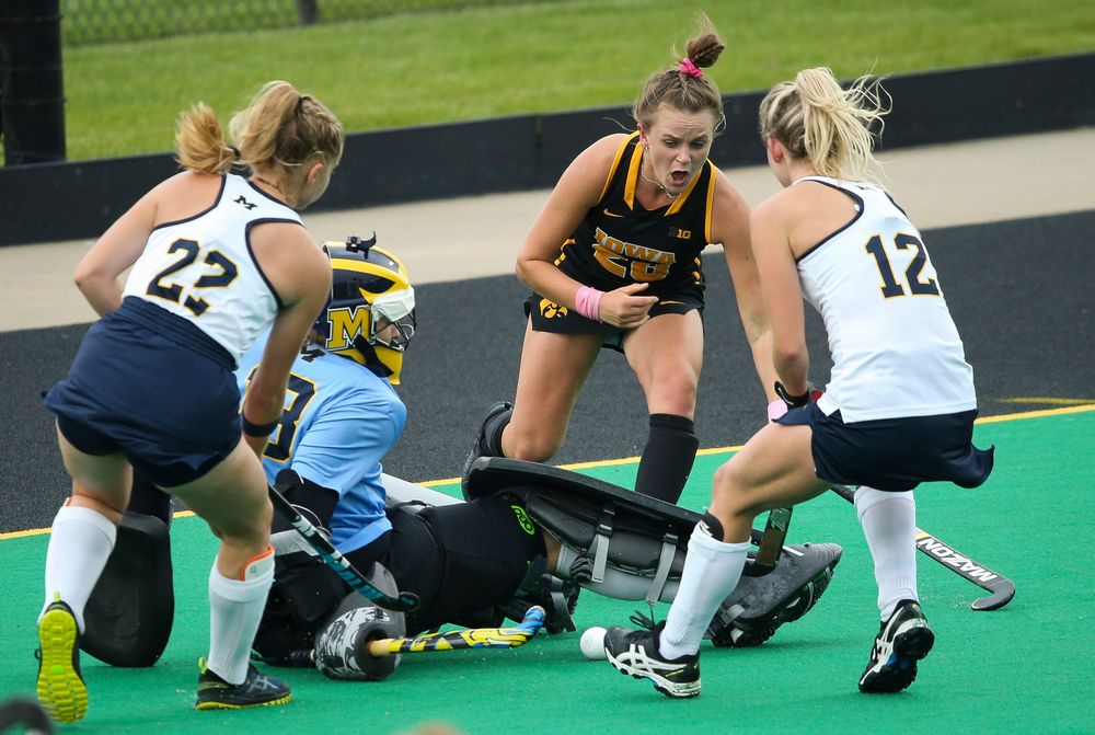 Iowa Hawkeyes forward Madeleine Murphy (26) fights for a rebound during a game against Michigan at Grant Field on October 5, 2018. (Tork Mason/hawkeyesports.com)