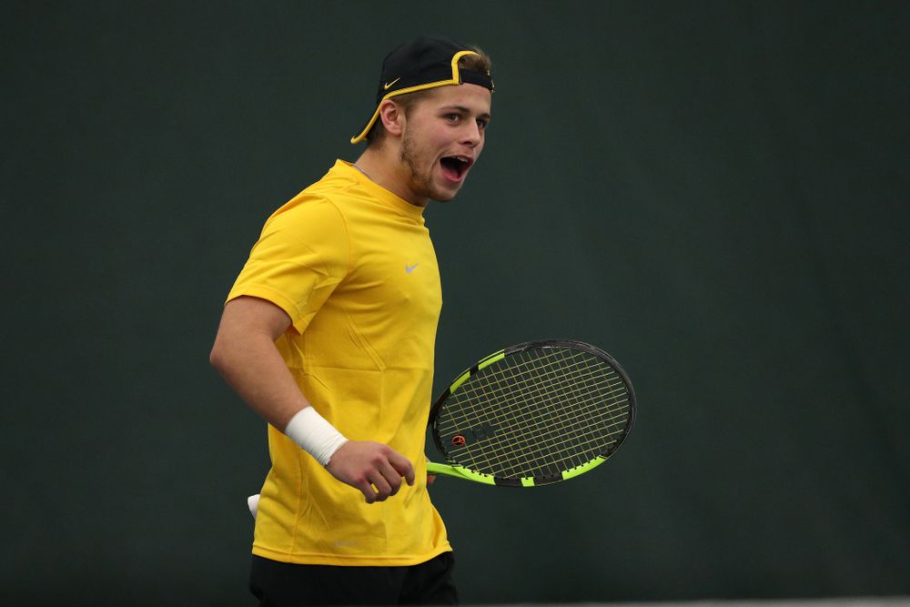 Will Davies against the Butler Bulldogs Sunday, January 27, 2019 at the Hawkeye Tennis and Recreation Complex. (Brian Ray/hawkeyesports.com)