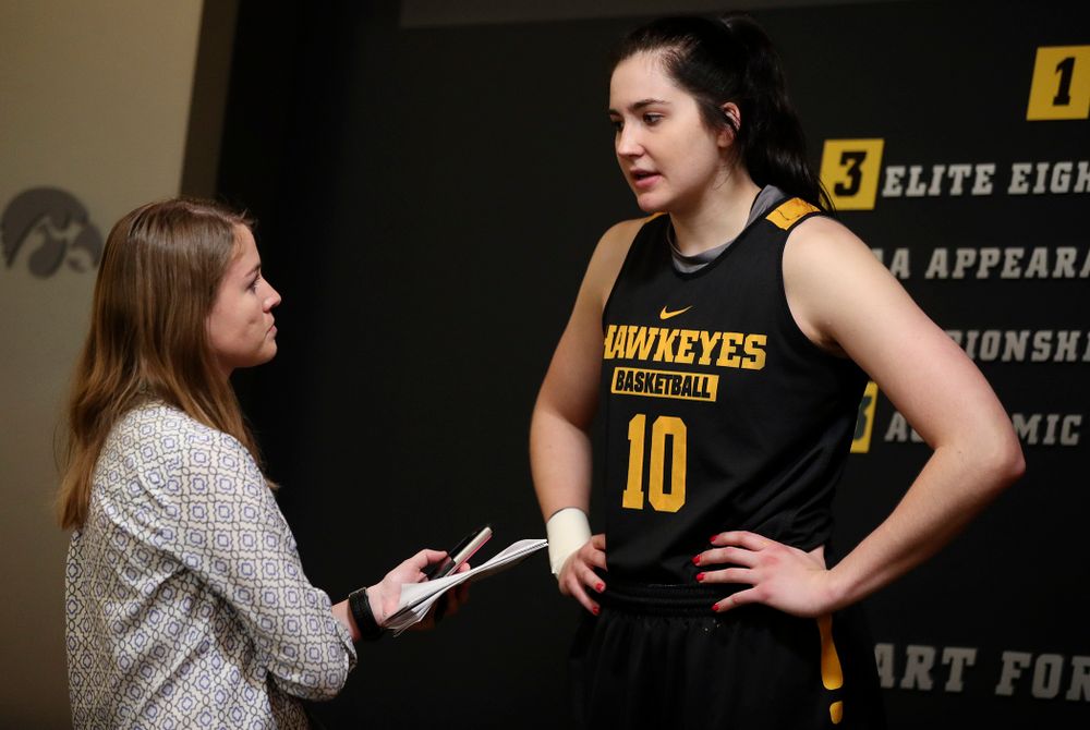 Iowa Hawkeyes forward Megan Gustafson (10) talks with a reporter during media availability before their next game in the 2019 NCAA Women's Basketball Tournament at Carver Hawkeye Arena in Iowa City on Saturday, Mar. 23, 2019. (Stephen Mally for hawkeyesports.com)