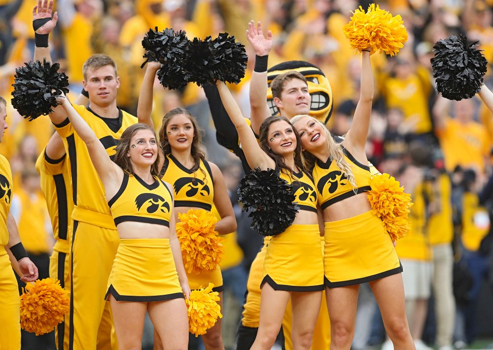 Iowa Spirit Squad members wave to the University of Iowa Stead Family Children's Hospital between the first and second quarter of their game at Kinnick Stadium in Iowa City on Saturday, Sep 28, 2019. (Stephen Mally/hawkeyesports.com)