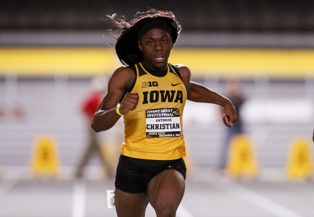 Iowa's Antonise Christian wins the 60-meter dash during the Jimmy Grant Invitational Saturday, December 8, 2018 at the Recreation Building. (Brian Ray/hawkeyesports.com)