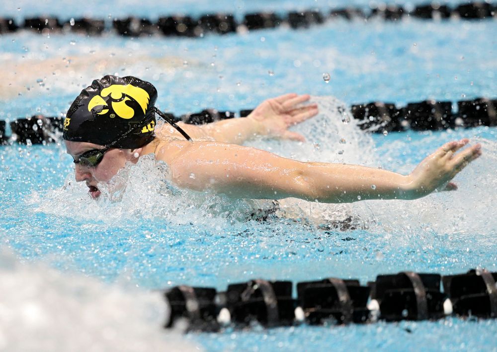 Iowa’s Amy Lenderink swims the women’s 200-yard butterfly event during their meet against Michigan State and Northern Iowa at the Campus Recreation and Wellness Center in Iowa City on Friday, Oct 4, 2019. (Stephen Mally/hawkeyesports.com)