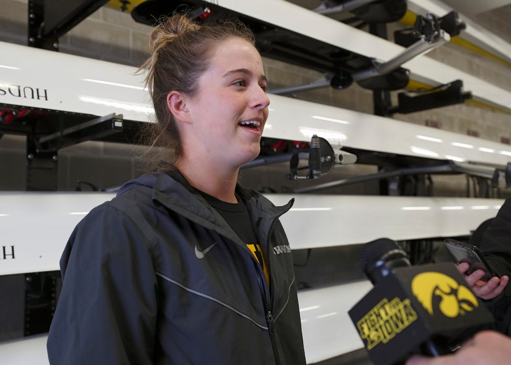 Iowa's Noelle Ossenkop answers a question during media availability at the P. Sue Beckwith, M.D., Boathouse in Iowa City on Wednesday, Apr. 10, 2019. (Stephen Mally/hawkeyesports.com)