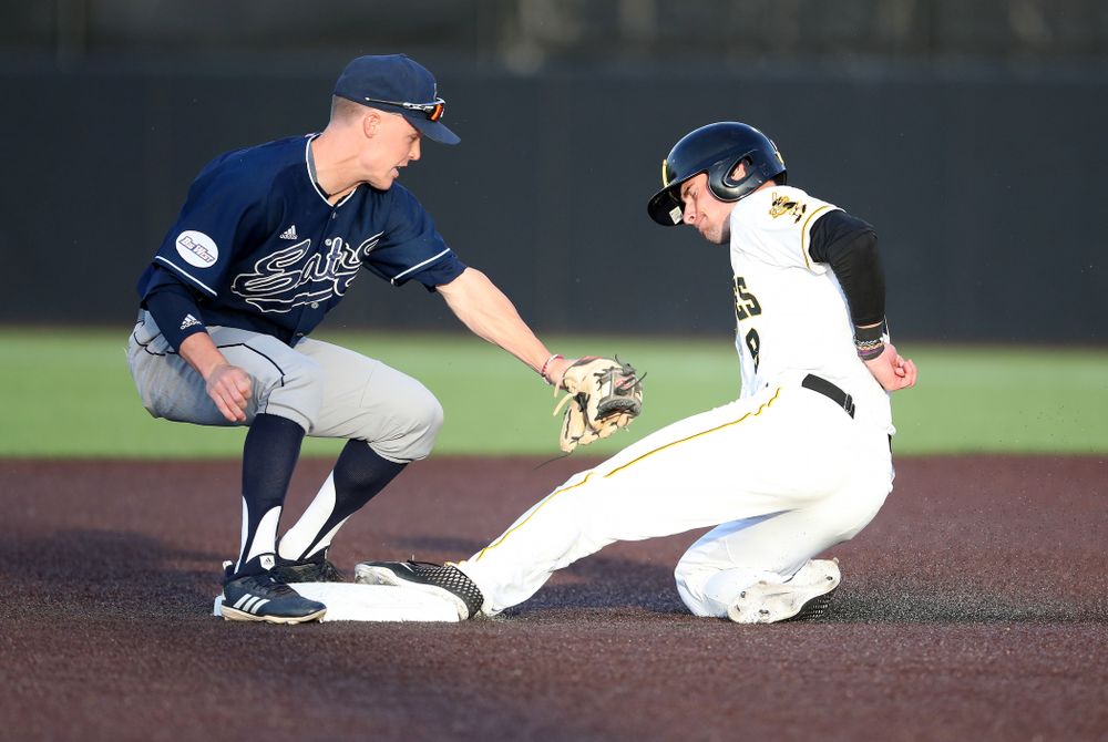 Iowa Hawkeyes outfielder Ben Norman (9) steals second base during game one against UC Irvine Friday, May 3, 2019 at Duane Banks Field. (Brian Ray/hawkeyesports.com)