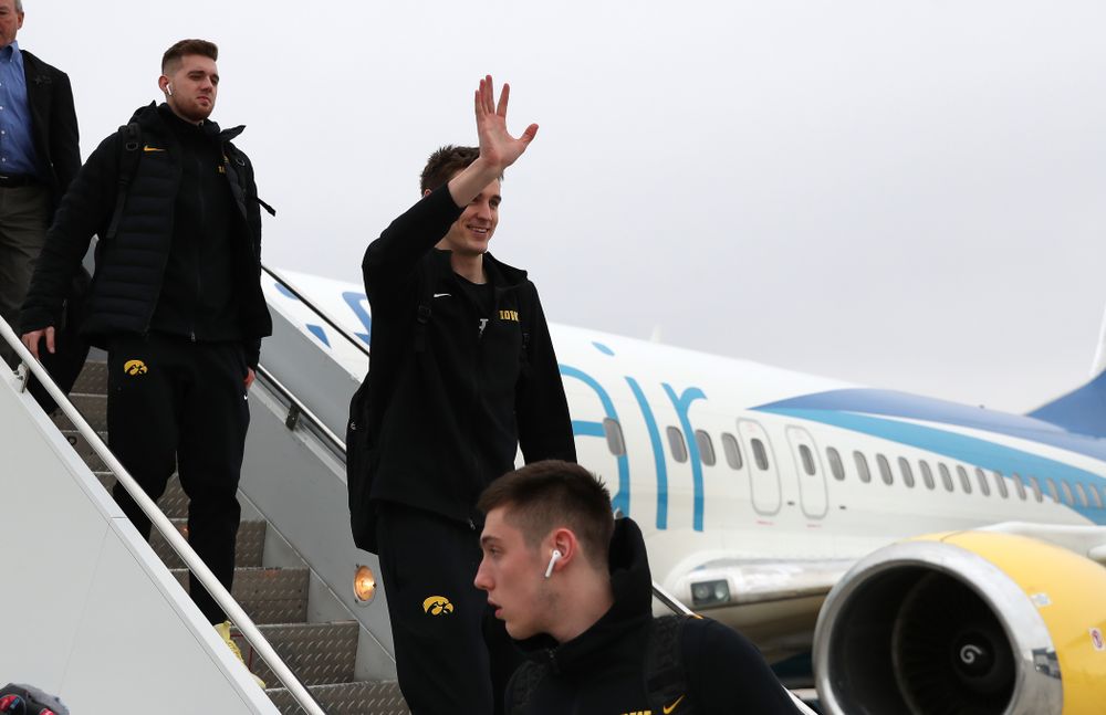 Iowa Hawkeyes forward Nicholas Baer (51) arrives in Columbus for the first and second rounds of the 2019 NCAA Men's Basketball Tournament Wednesday, March 20, 2019. (Brian Ray/hawkeyesports.com)
