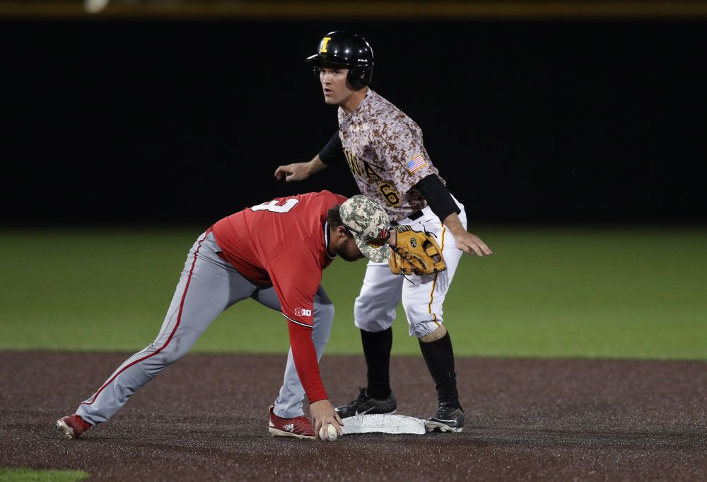 Iowa Hawkeyes outfielder Justin Jenkins (6) steals second against the Nebraska Cornhuskers on Military Appreciation Night Friday, April 19, 2019 at Duane Banks Field. (Brian Ray/hawkeyesports.com)