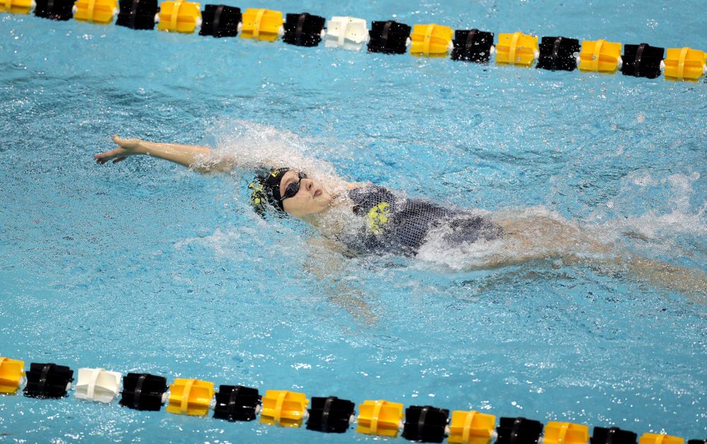 IowaÕs Emilia Sansome swims the 200 yard backstroke against the Michigan Wolverines Friday, November 1, 2019 at the Campus Recreation and Wellness Center. (Brian Ray/hawkeyesports.com)