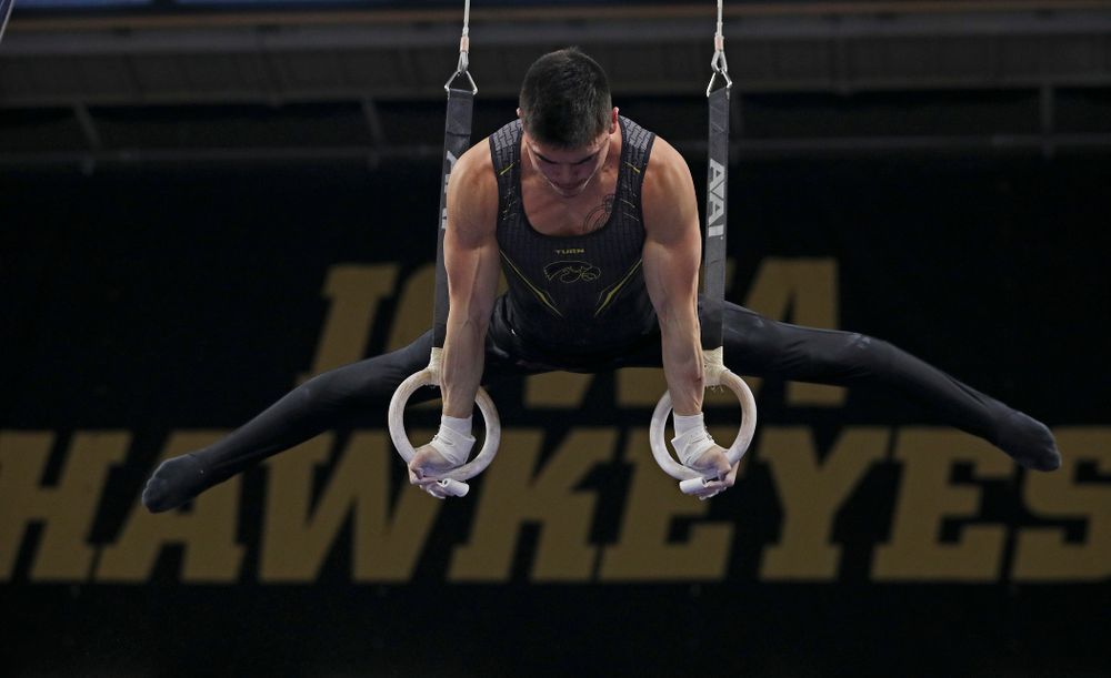 Iowa's Addison Chung competes in the rings during the first day of the Big Ten Men's Gymnastics Championships at Carver-Hawkeye Arena in Iowa City on Friday, Apr. 5, 2019. (Stephen Mally/hawkeyesports.com)