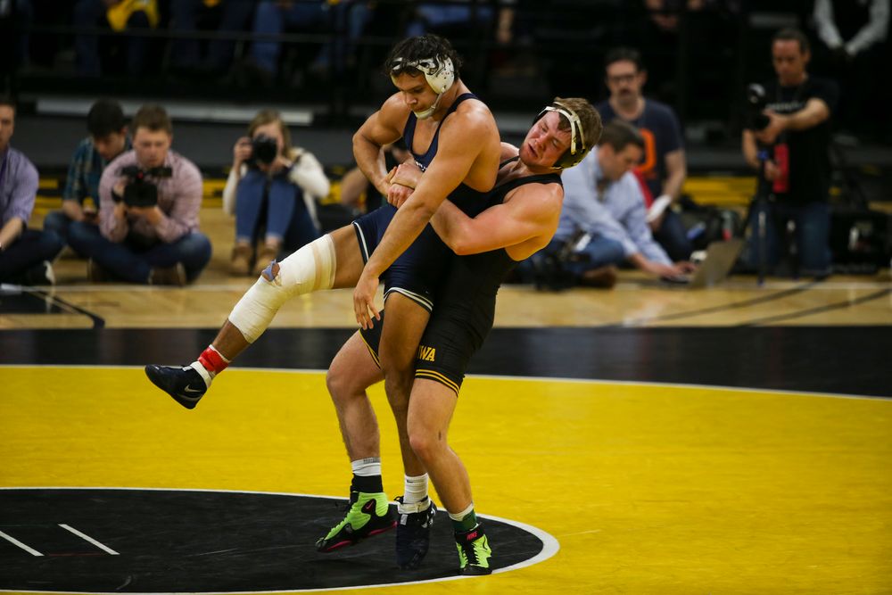 Iowa’s Jacob Warner wrestles Penn State’s Shakur Rasheed during their 197 lbs match during the Iowa wrestling dual vs Penn State on Friday, January 31, 2020 at Carver-Hawkeye Arena. (Lily Smith/hawkeyesports.com)