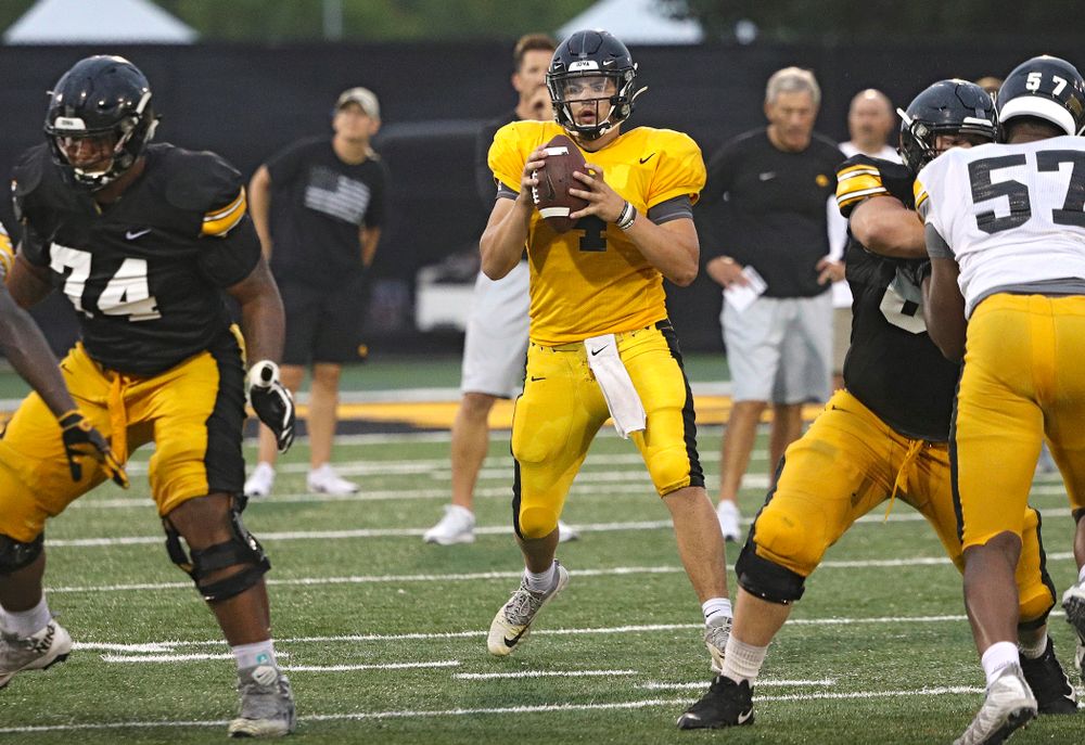 Iowa Hawkeyes quarterback Nate Stanley (4) looks to throw durning Fall Camp Practice No. 17 at the Hansen Football Performance Center in Iowa City on Wednesday, Aug 21, 2019. (Stephen Mally/hawkeyesports.com)