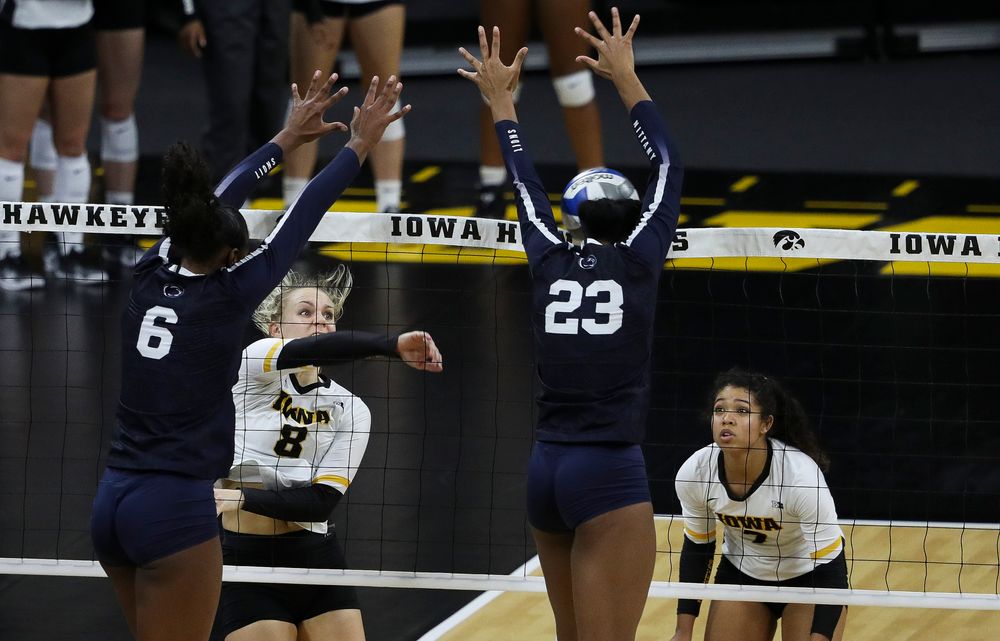 Iowa Hawkeyes right side hitter Reghan Coyle (8) spikes the ball during a match against Penn State at Carver-Hawkeye Arena on November 3, 2018. (Tork Mason/hawkeyesports.com)
