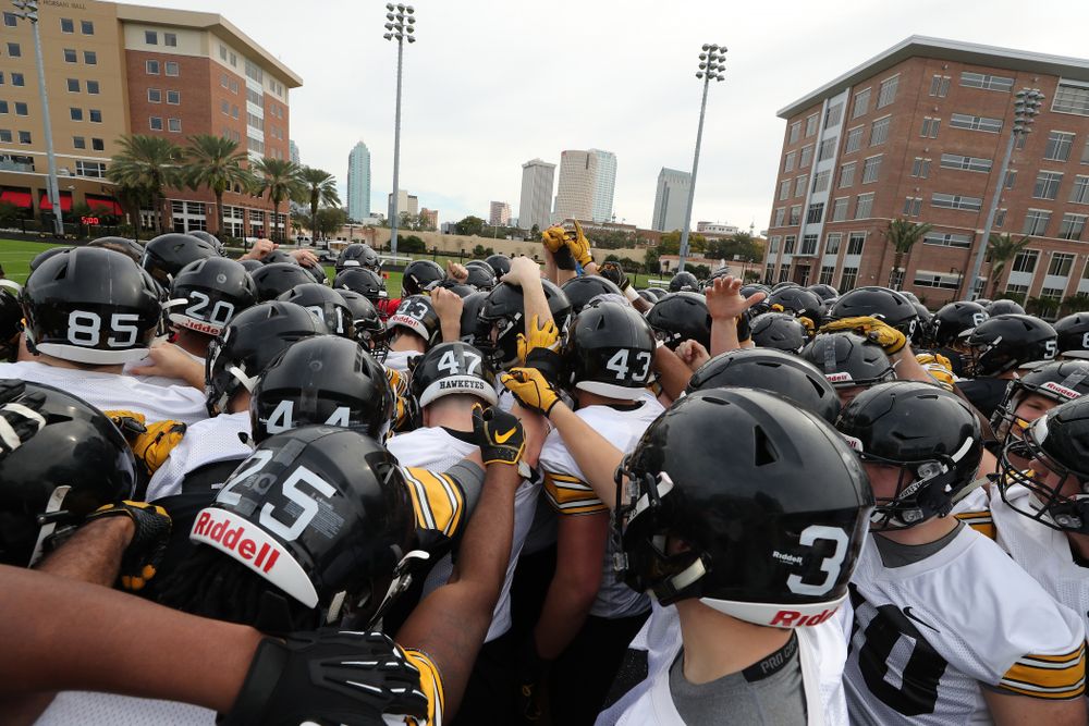 The Iowa Hawkeyes break it down during the team's first Outback Bowl Practice in Florida Thursday, December 27, 2018 at Tampa University. (Brian Ray/hawkeyesports.com)