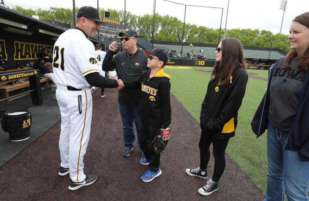 Garret Nichols throws out a first pitch before the Iowa Hawkeyes game against Michigan State Sunday, May 12, 2019 at Duane Banks Field. (Brian Ray/hawkeyesports.com)