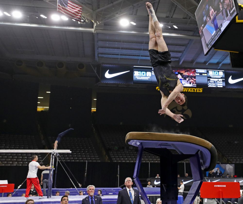 Iowa's Jake Brodarzon competes in the vault during the first day of the Big Ten Men's Gymnastics Championships at Carver-Hawkeye Arena in Iowa City on Friday, Apr. 5, 2019. (Stephen Mally/hawkeyesports.com)