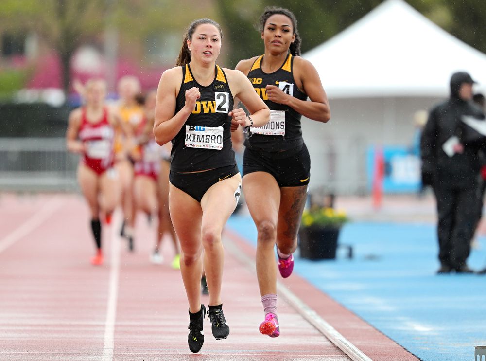 Iowa's Jenny Kimbro (from left) and Tria Simmons 
run in the women’s 800 meter in the heptathlon event on the second day of the Big Ten Outdoor Track and Field Championships at Francis X. Cretzmeyer Track in Iowa City on Saturday, May. 11, 2019. (Stephen Mally/hawkeyesports.com)