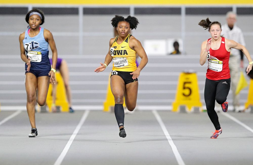 Iowa’s Lasarah Hargrove runs in the women’s 60 meter dash prelim event during the Hawkeye Invitational at the Recreation Building in Iowa City on Saturday, January 11, 2020. (Stephen Mally/hawkeyesports.com)